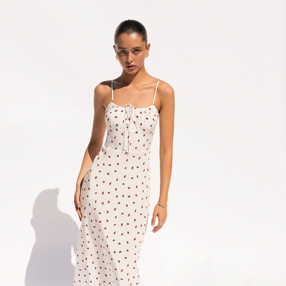 Cream Midi Dress with Red Print
